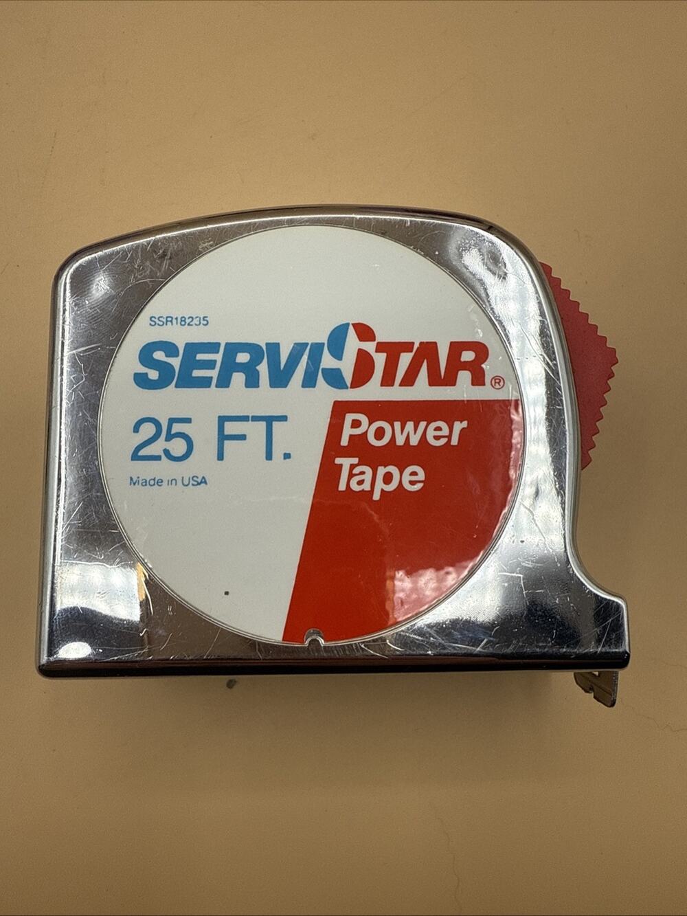 Vintage Service Star Metal 25' Tape Measure Chrome Plated 1" Wide w/ Belt Clip